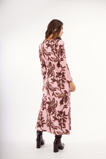 Φόρεμα ροζ φλοράλ με σούρα  - 