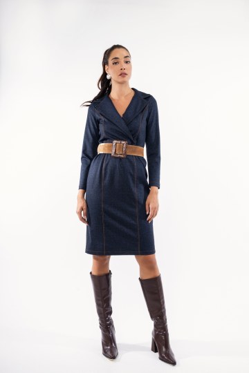 Φόρεμα τζιν με γιακά και εξωτερικές ραφές