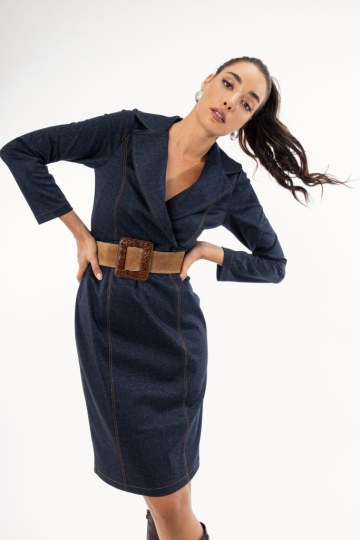 Φόρεμα τζιν με γιακά και εξωτερικές ραφές - 