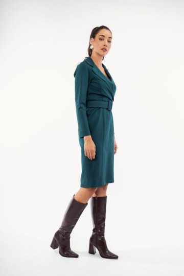 Φόρεμα πετρόλ μονόχρωμο με ζώνη - 