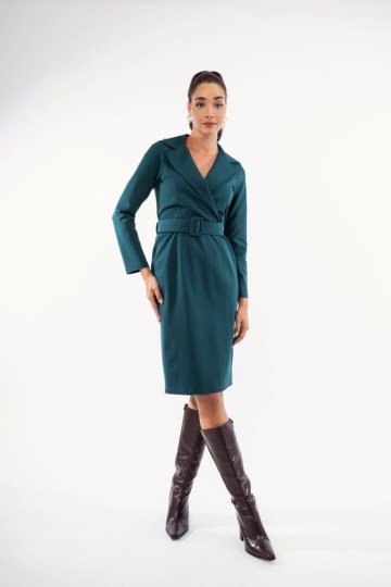 Φόρεμα πετρόλ μονόχρωμο με ζώνη - 