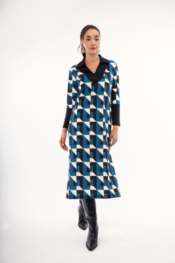 Φόρεμα πετρόλ εκάι με γεωμετρικά σχέδια - 