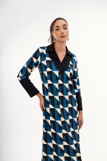 Φόρεμα πετρόλ εκάι με γεωμετρικά σχέδια - 