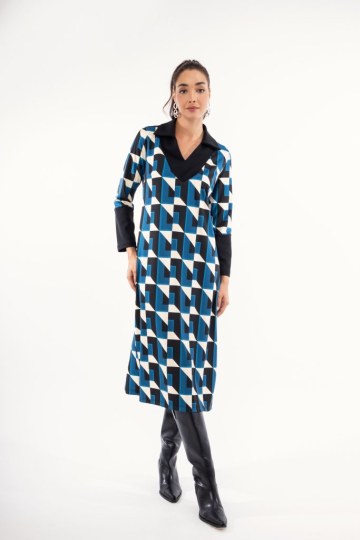 Φόρεμα πετρόλ εκάι με γεωμετρικά σχέδια - 