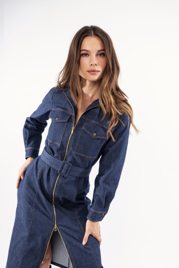  Φόρεμα τζιν με φερμουάρ και ζώνη - 