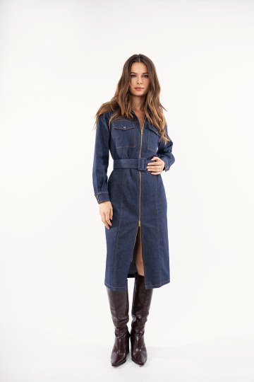  Φόρεμα τζιν με φερμουάρ και ζώνη - 