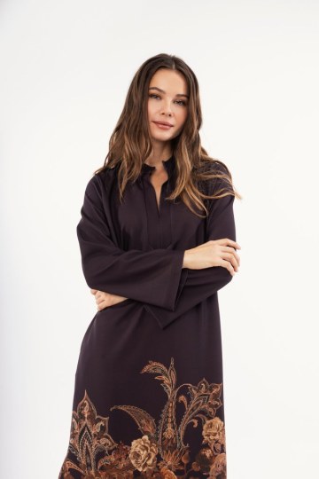 Φόρεμα καφέ midi με λουλούδια - 