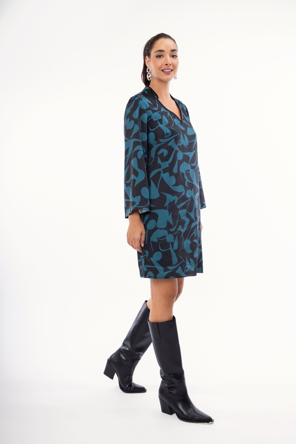 Φόρεμα πετρόλ με γεωμετρικά σχέδια 