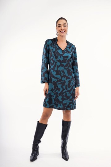 Φόρεμα πετρόλ με γεωμετρικά σχέδια  - 