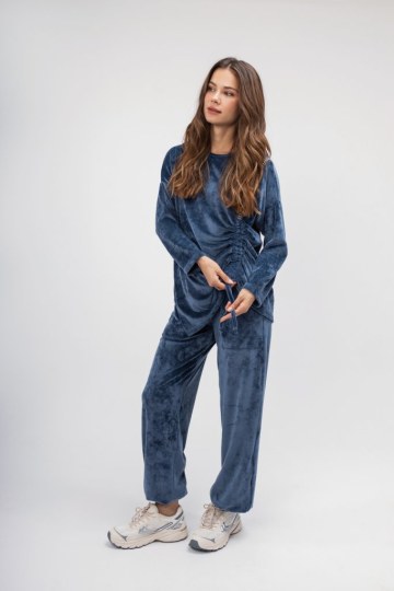 Μπλούζα μπλε βελουτέ με σούρα - 