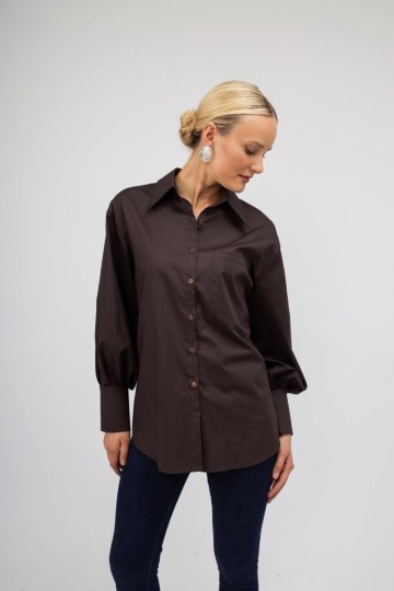 Πουκάμισο καφέ με Balloon μανίκια - 
