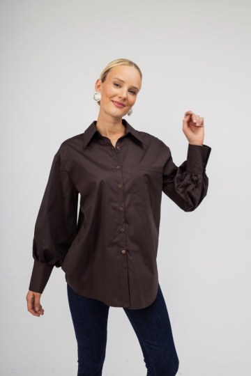 Πουκάμισο καφέ με Balloon μανίκια - 