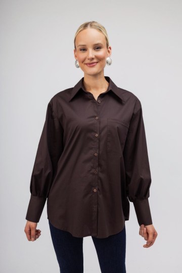 Πουκάμισο καφέ με Balloon μανίκια - 