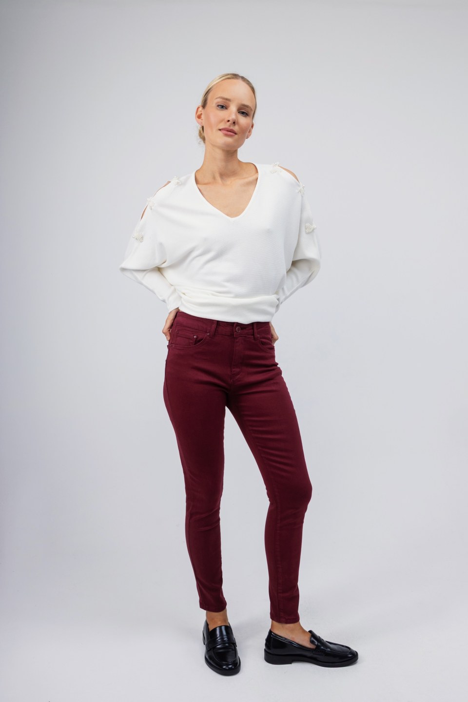 Παντελόνι βαμβακερό μπορντώ με κουμπί