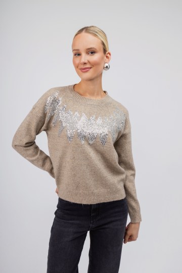 Πουλόβερ μπεζ με παγιέτες σε σχέδια φύλλα