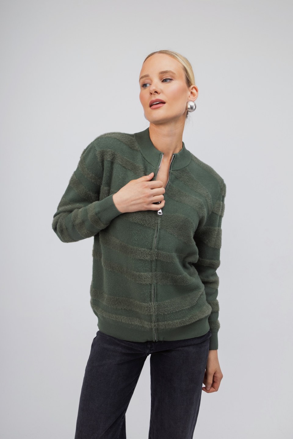 Πουλόβερ-Ζακέτα χακί με φερμουάρ