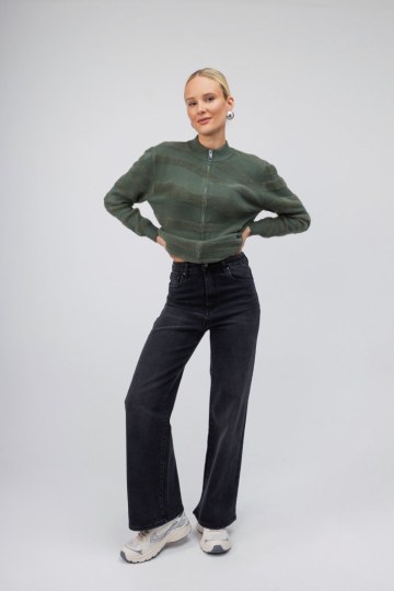 Πουλόβερ-Ζακέτα χακί με φερμουάρ - 