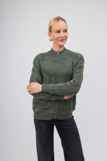 Πουλόβερ-Ζακέτα χακί με φερμουάρ - 