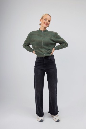 Πουλόβερ-Ζακέτα χακί με φερμουάρ - 