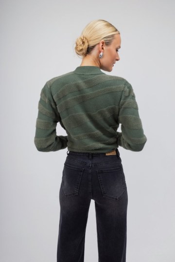 Πουλόβερ-Ζακέτα χακί με φερμουάρ - 