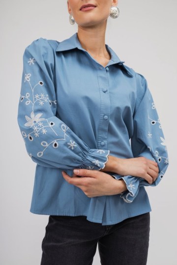 Πουκάμισο σιέλ με λουλούδια και λάστιχο - 