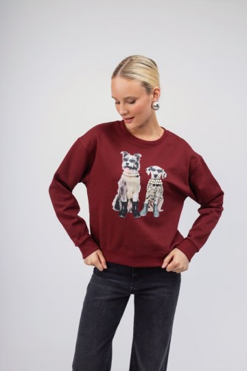 Μπλούζα -Φούτερ μπορντώ με σχέδιο σκυλάκια - 