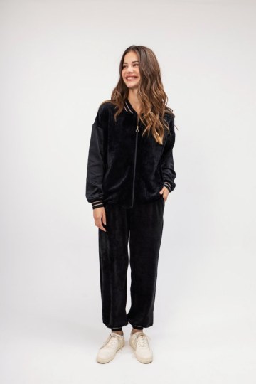 Ζακέτα-Φούτερ μαύρη βελουτέ με φερμουάρ - 