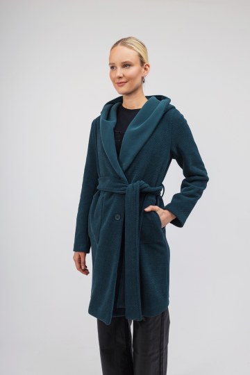 Ημίπαλτο πετρόλ με ζώνη και κουκούλα