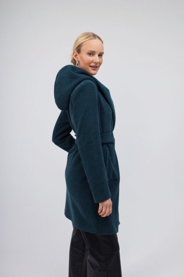 Ημίπαλτο πετρόλ με ζώνη και κουκούλα - 