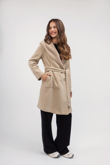 Ημίπαλτο μπεζ με ζώνη και κουκούλα - 