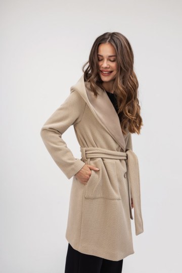 Ημίπαλτο μπεζ με ζώνη και κουκούλα - 