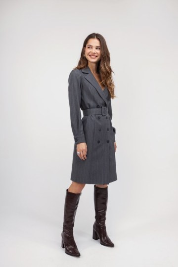 Φόρεμα γκρι ριγέ με ζώνη - 
