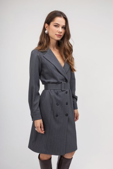 Φόρεμα γκρι ριγέ με ζώνη - 