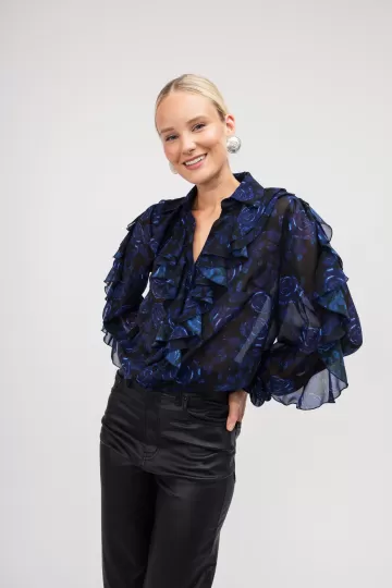 Πουκάμισο με μπλε τριαντάφυλλα και βολάν