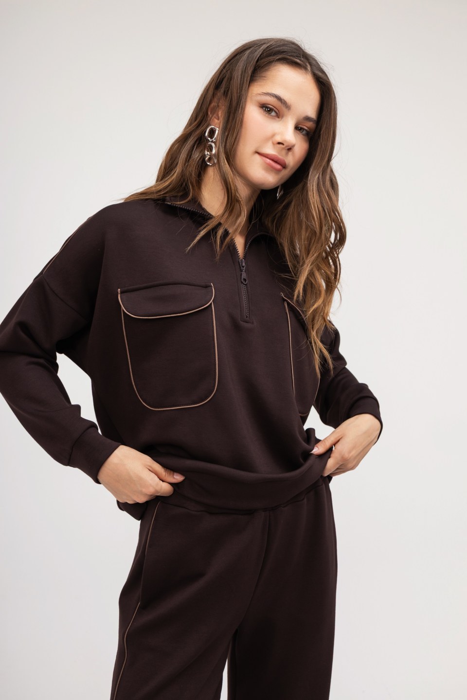 Φούτερ-Μπλούζα καφέ με φερμουάρ 