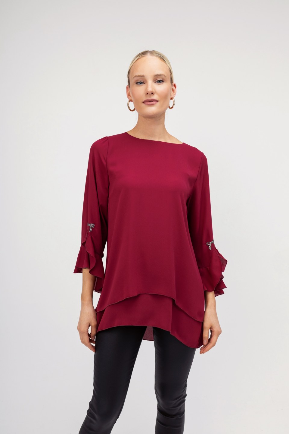 Μπλούζα μπορντό oversized με ασημί φιογκάκι