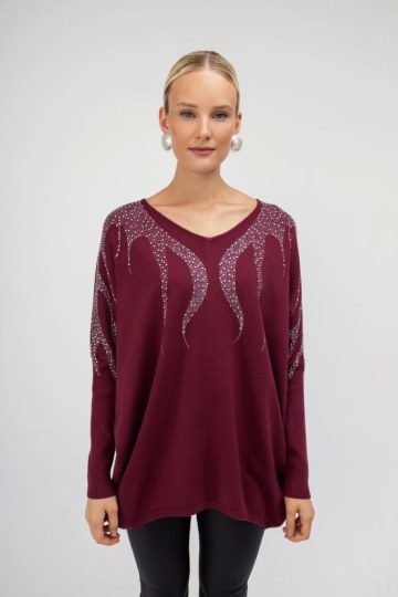 Πουλόβερ μπορντώ με στρας  - 