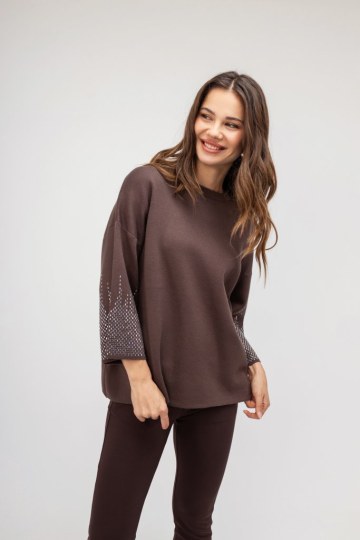 Πουλόβερ καφέ με strass - 