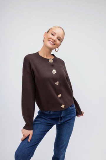 Ζακέτα-Πουλόβερ καφέ με χρυσά κουμπιά - 
