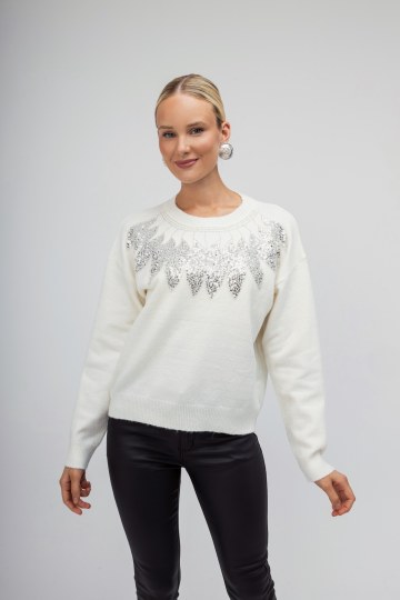 Πουλόβερ λευκό με παγιέτες σε σχέδια φύλλα