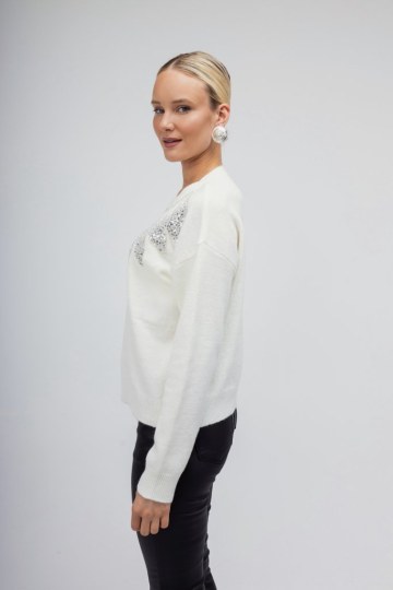 Πουλόβερ λευκό με παγιέτες σε σχέδια φύλλα - 