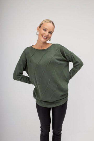 Πουλόβερ χακί μονόχρωμο με ιδιαίτερο σχέδιο - 