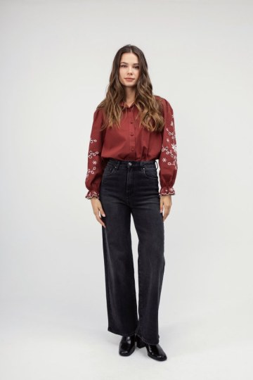 Πουκάμισο κεραμιδί με λουλούδια και λάστιχο - 