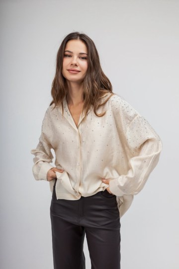 Πουκάμισο μπεζ διακοσμημένο με strass - 
