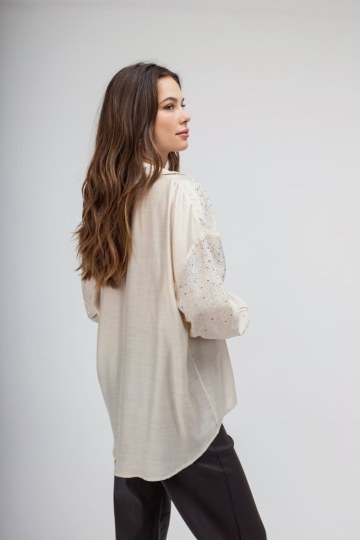 Πουκάμισο μπεζ διακοσμημένο με strass - 