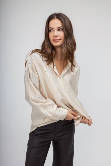 Πουκάμισο μπεζ διακοσμημένο με strass - 