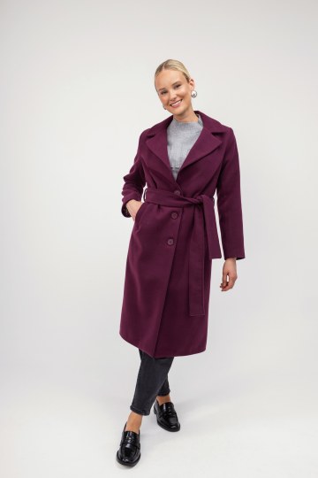 Παλτό κλασικό μπορντό με ζώνη και γιακά