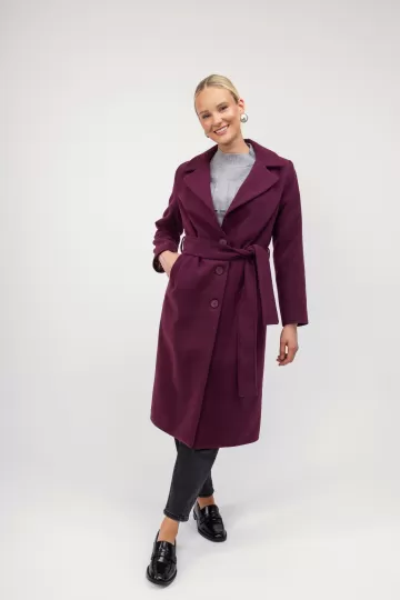 Παλτό κλασικό μπορντό με ζώνη και γιακά