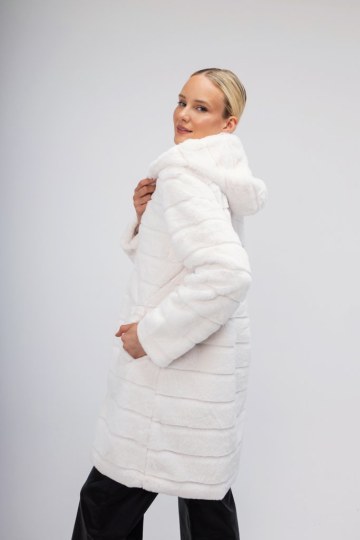 Πανωφόρι λευκό από οικολογική γούνα και κουκούλα - 