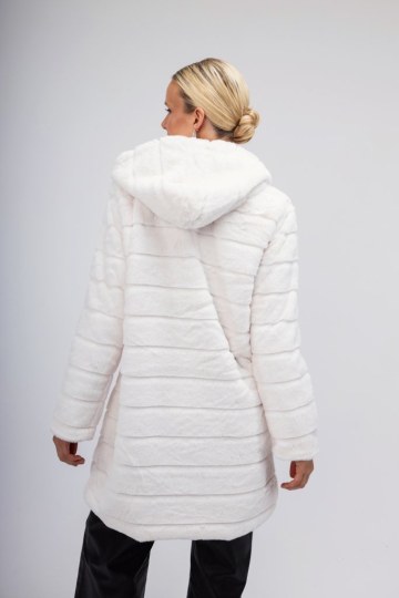 Πανωφόρι λευκό από οικολογική γούνα και κουκούλα - 
